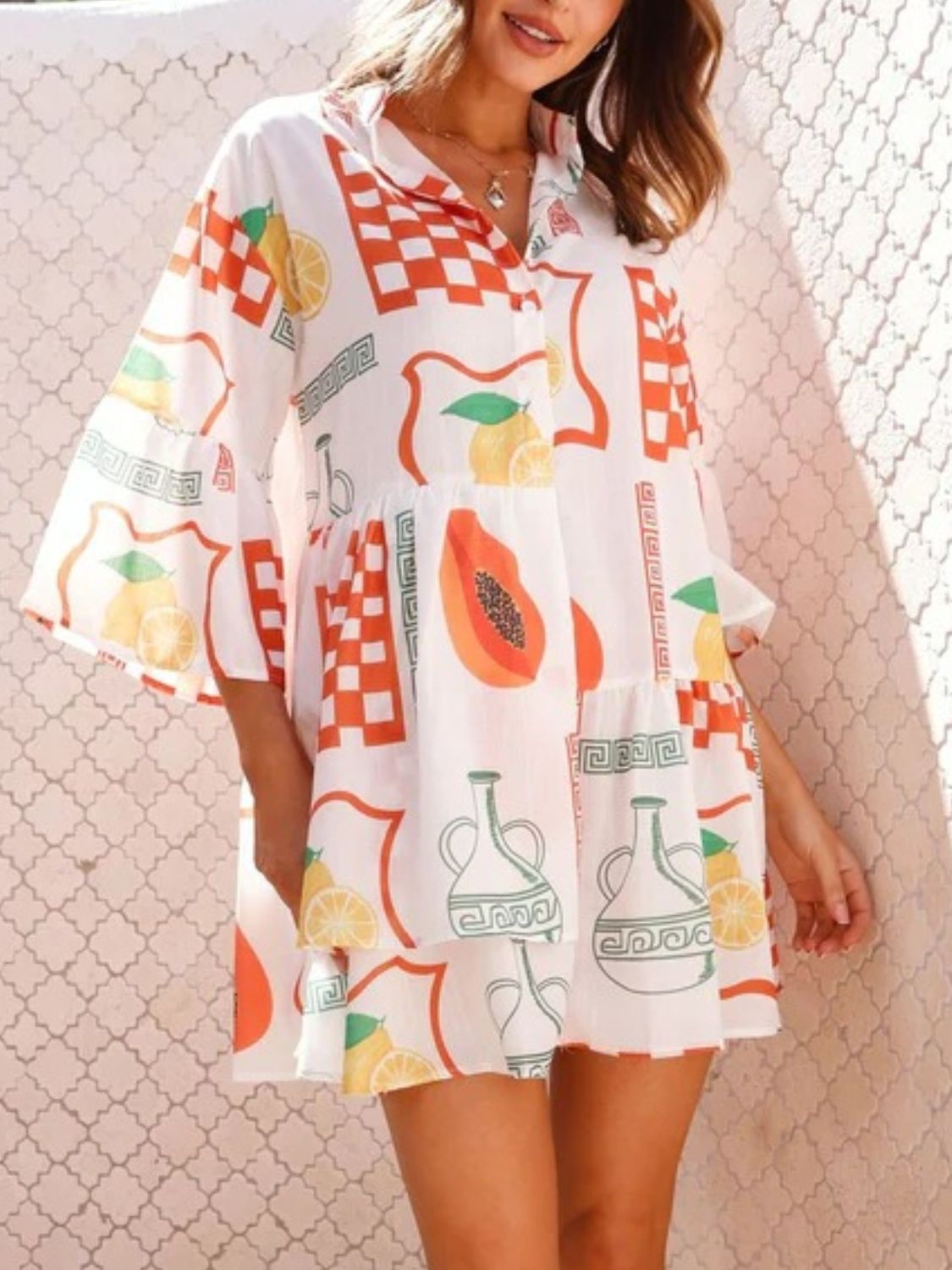 Printed Three-Quarter Sleeve Mini Dress