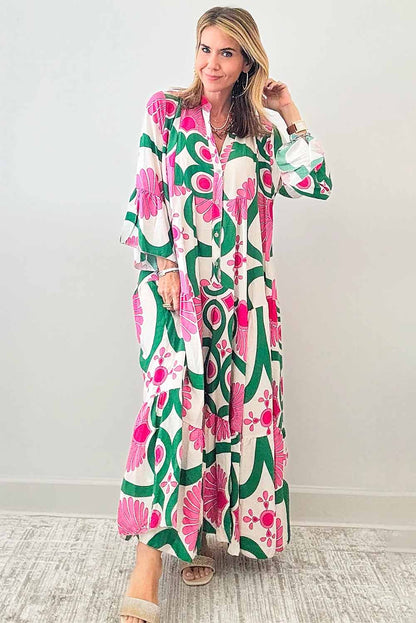 Printed Notched Long Sleeve Maxi Dress