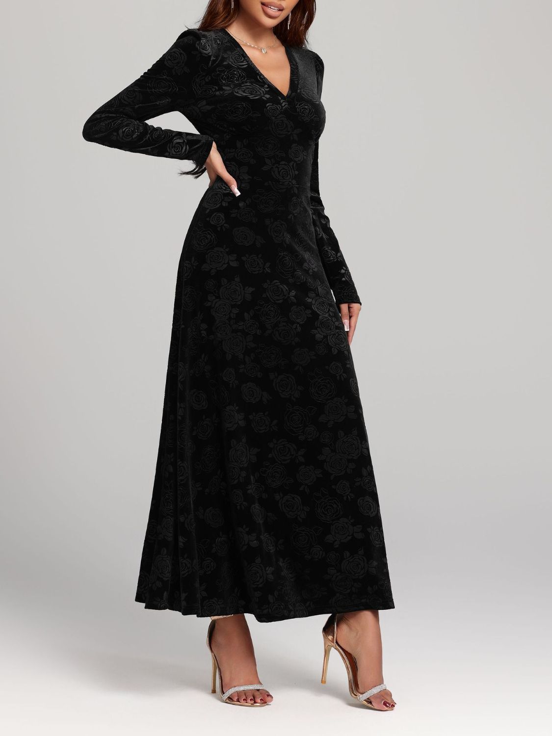 Rose Print V-Neck Long Sleeve Dress