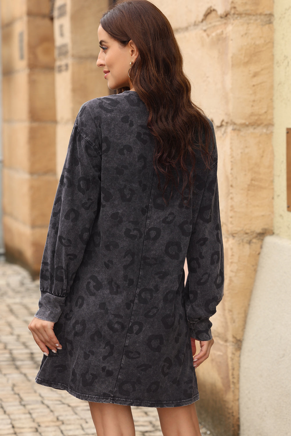 Leopard Round Neck Long Sleeve Dress