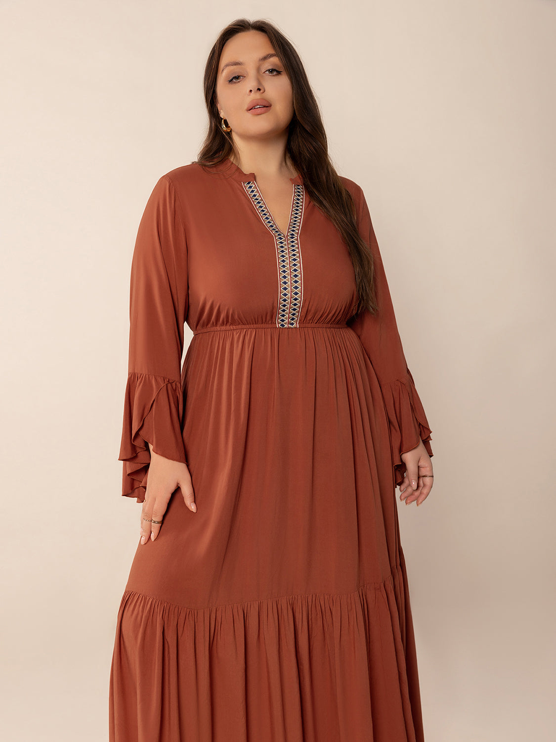 Plus Size Ruffled Notched Long Sleeve Midi Dress