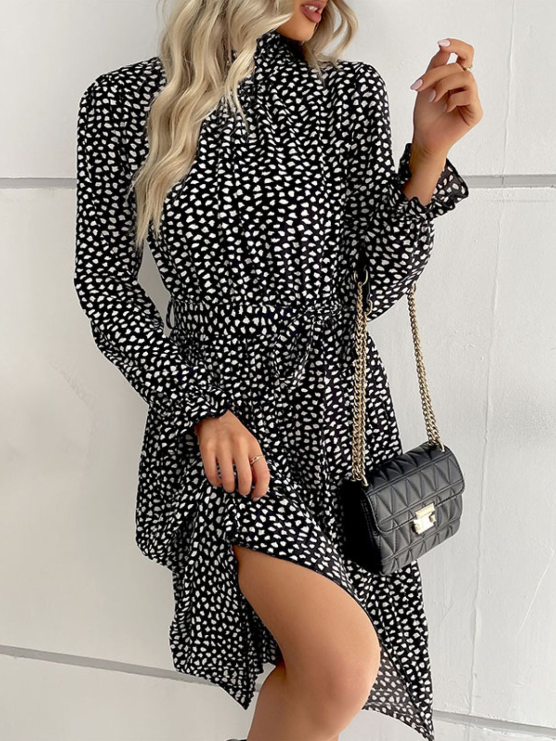 Perfee Printed Tie-Waist Flounce Sleeve Keyhole Midi Dress