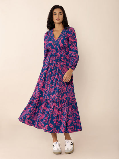 Printed V-Neck Long Sleeve Midi Dress