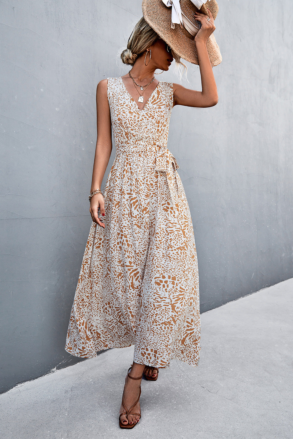 Printed V-Neck Tie Waist Maxi Dress