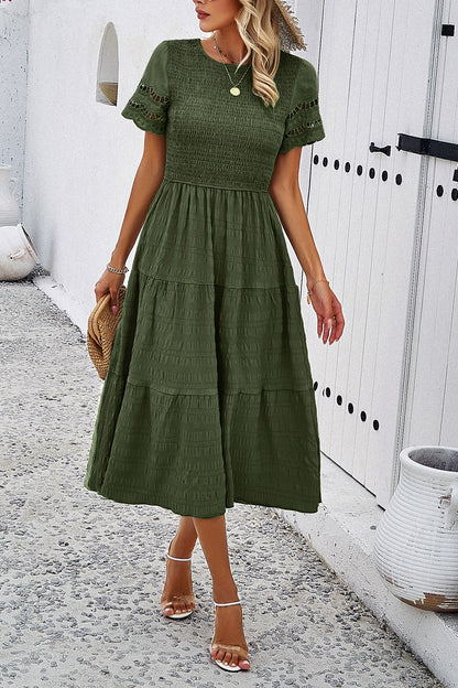 Devine Smocked Round Neck Short Sleeve Midi Dress