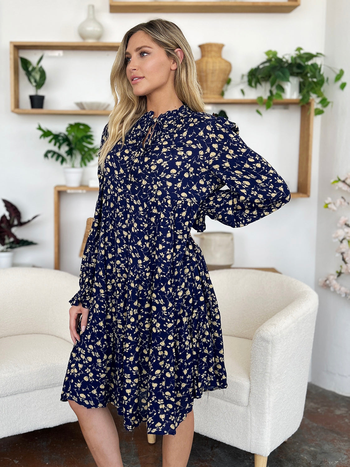 Double Take Full Size Printed Ruffle Hem Long Sleeve Tiered Dress