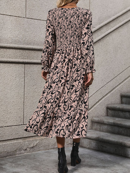 Perfee Printed V-Neck Long Sleeve Midi Dress