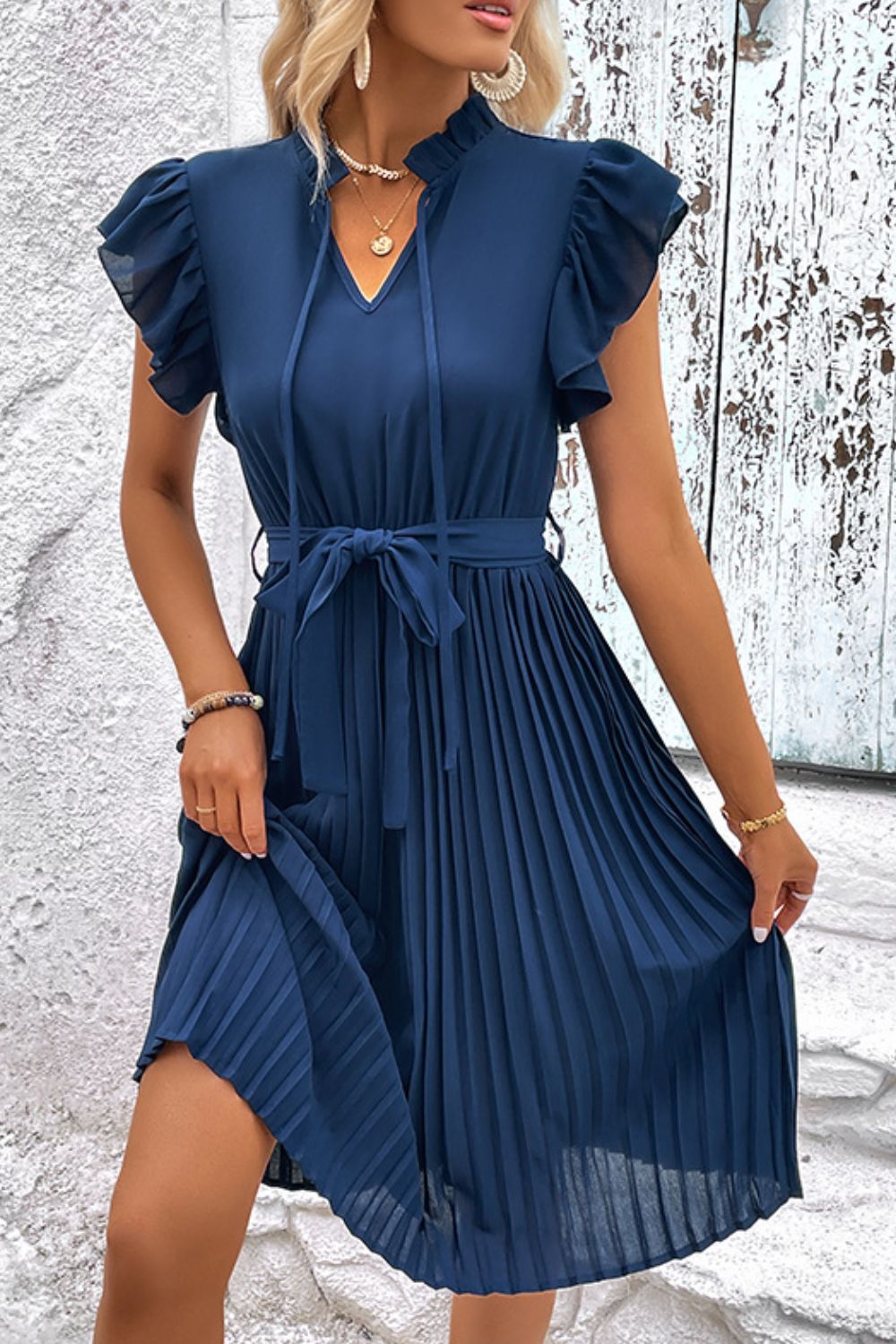 Perfee Tie Neck Belted Pleated Dress