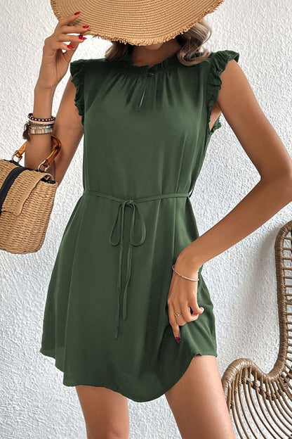 Perfee Ruffled Tie-Waist Keyhole Dress