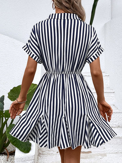 Perfee Striped Johnny Collar Mini Dress