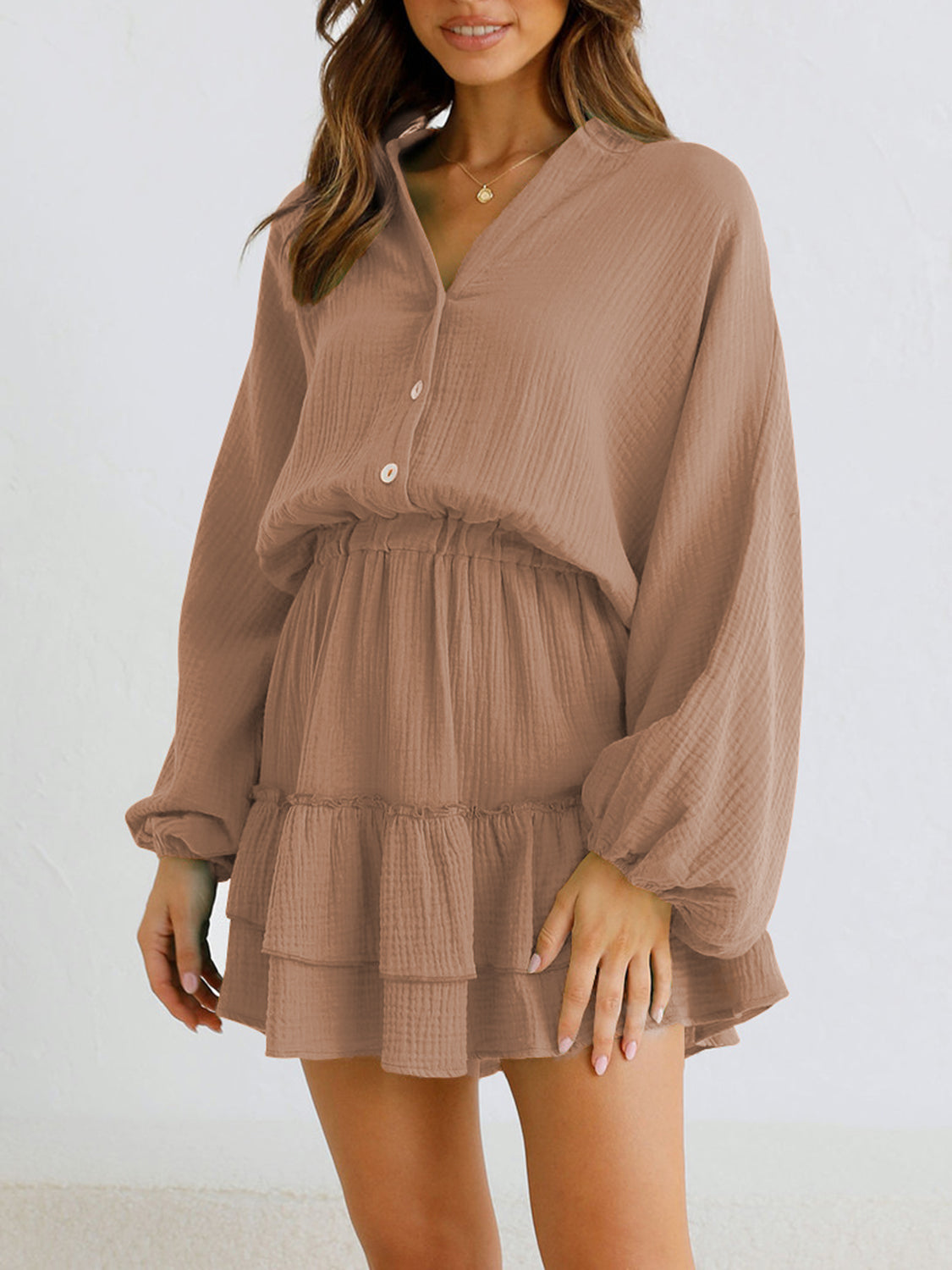 Ruffled Notched Balloon Sleeve Mini Dress