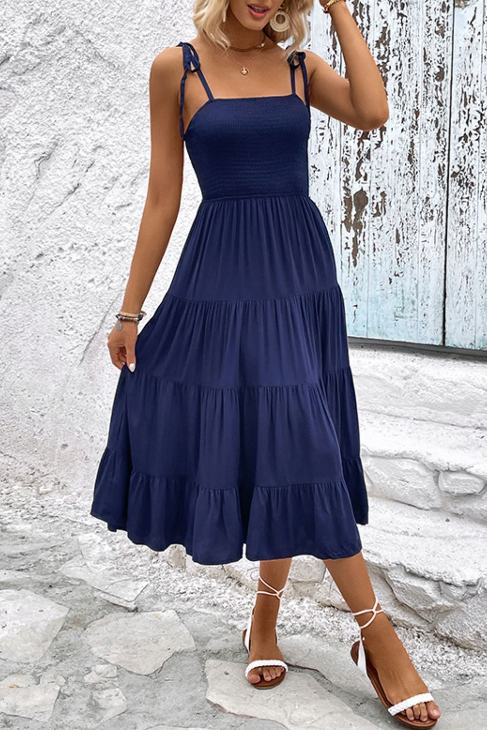 Perfee Tie-Shoulder Tiered Midi Dress