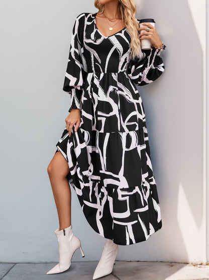 Perfee Smocked Printed Long Sleeve Midi Dress