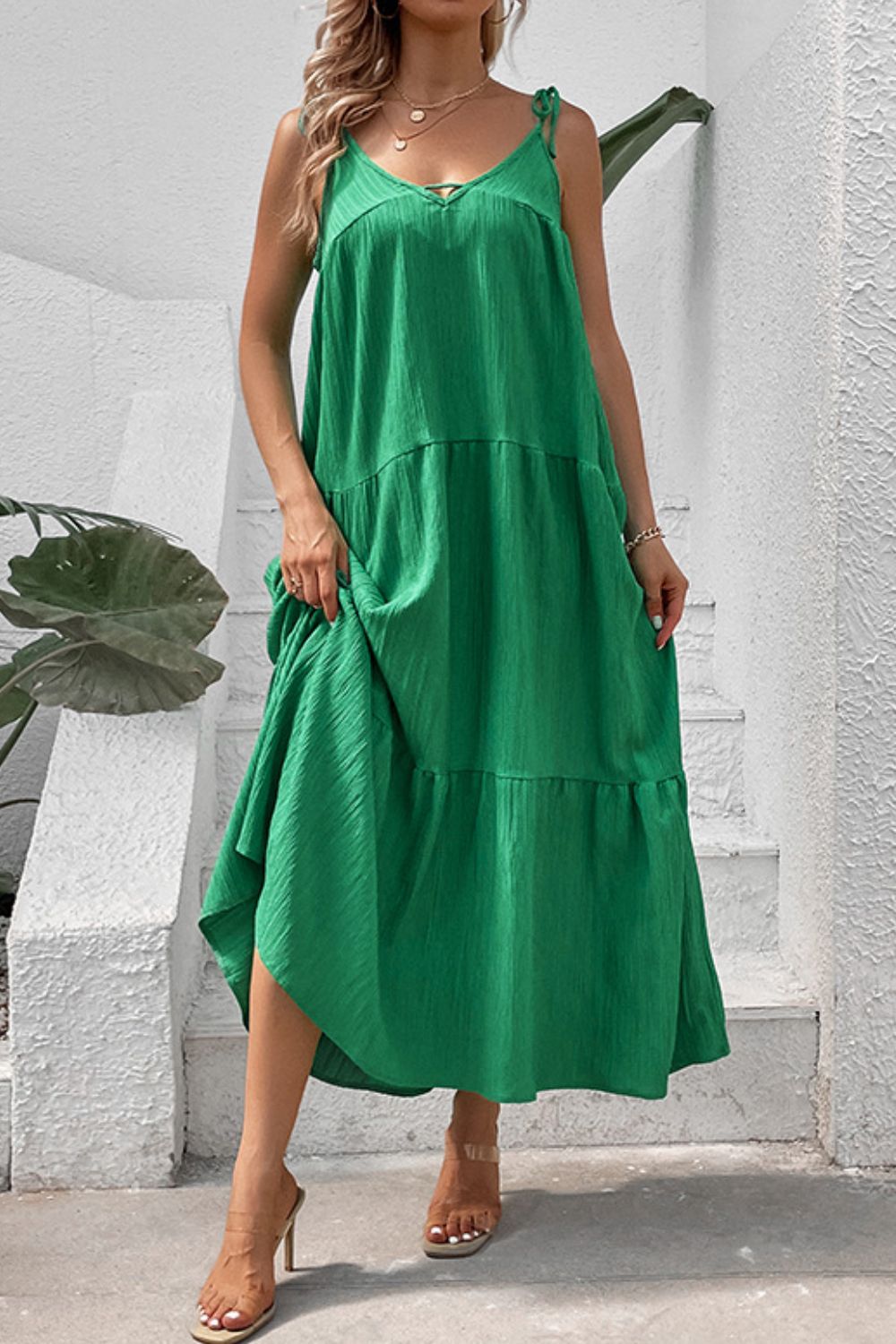 Perfee Tie-Shoulder Tiered Maxi Dress