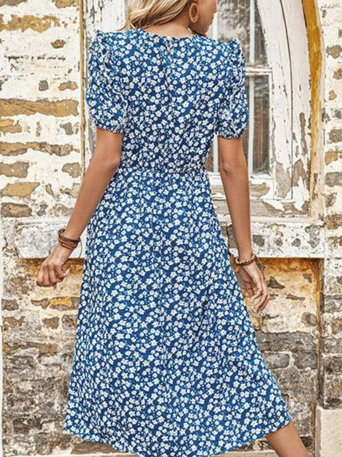 Perfee Floral Round Neck Split Midi Dress