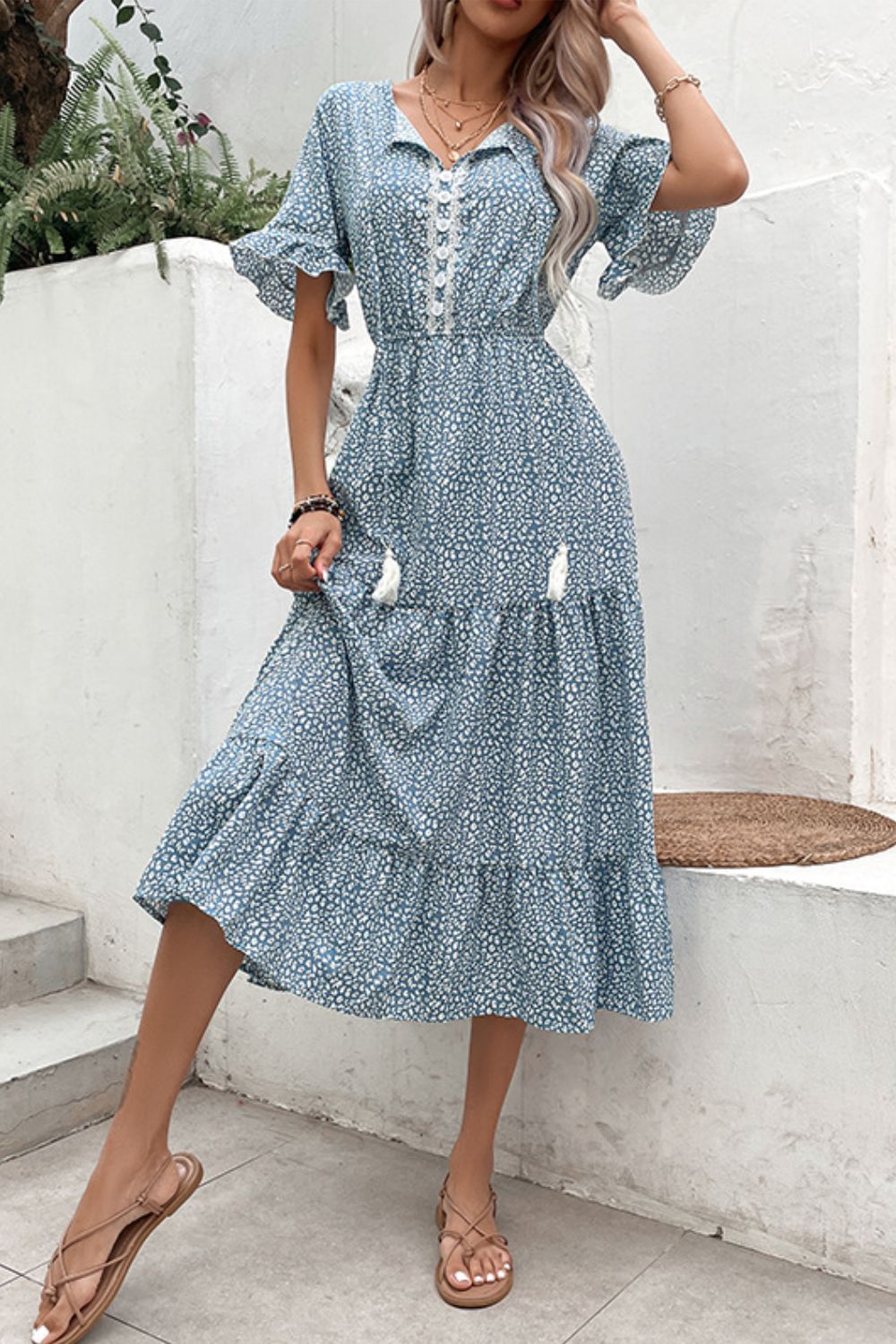 Perfee Printed Tassel Tie Flounce Sleeve Dress