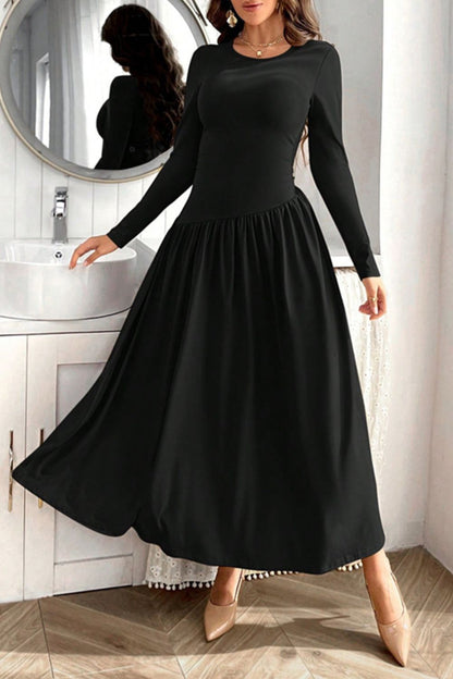 Ruched Round Neck Long Sleeve Dress