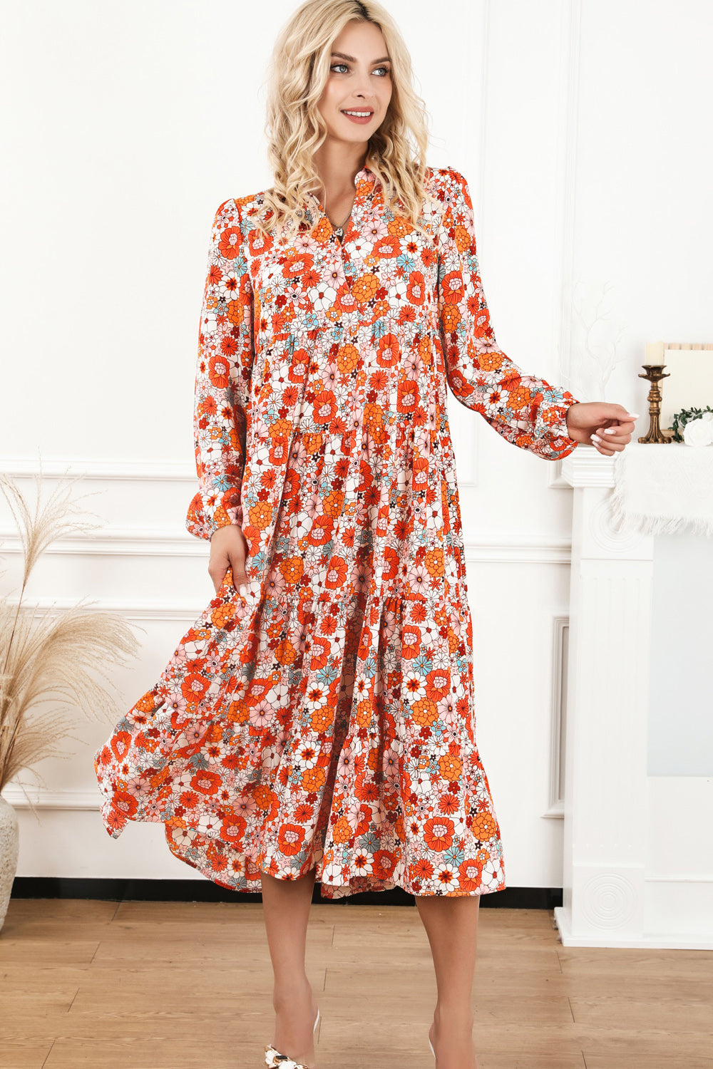 Floral Notched Neck Long Sleeve Dress