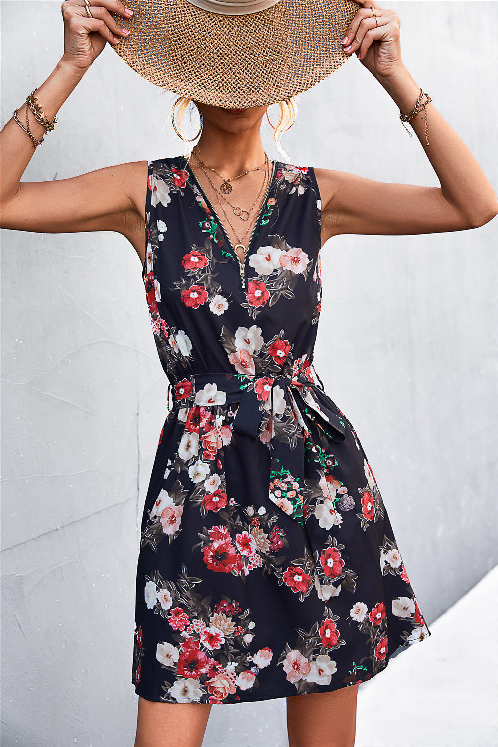 Printed Zip Detail Belted Sleeveless Dress