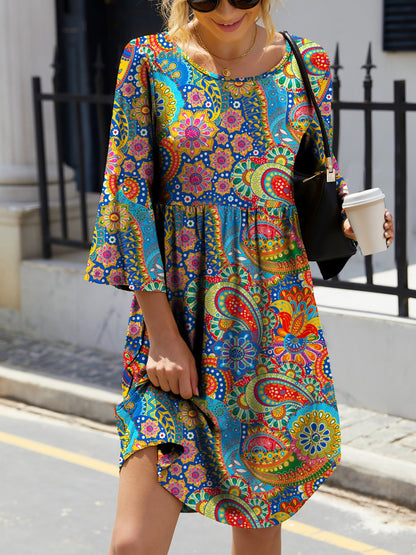 FAM-FAM Paisley Print Round Neck Three-Quarter Sleeve Dress