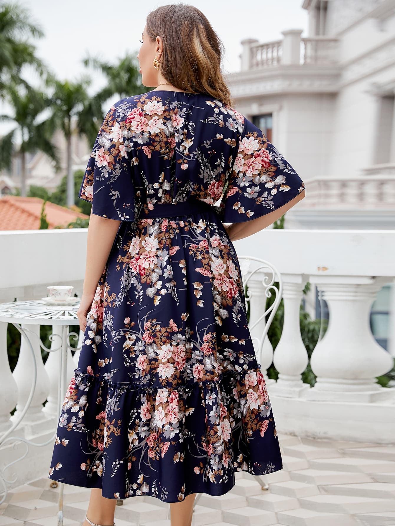 Honey Plus Size Floral Surplice Neck Midi Dress