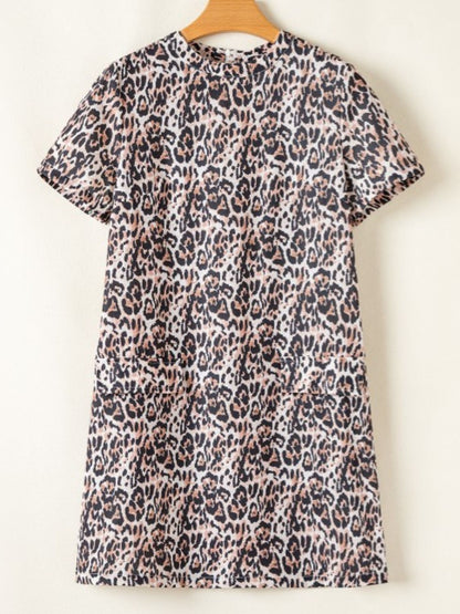 Leopard Round Neck Short Sleeve Mini Dress