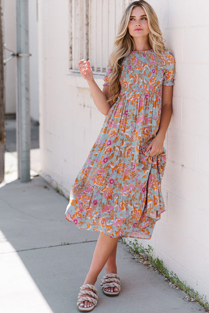 Floral Flounce Sleeve Round Neck Midi Dress