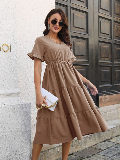 V-Neck Short Sleeve Midi Dress