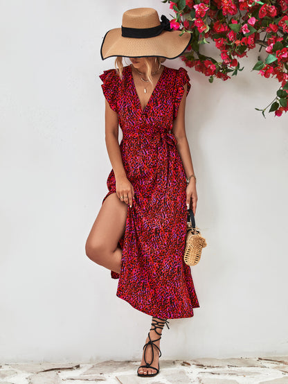 Printed Surplice Neck Flutter Sleeve Slit Dress