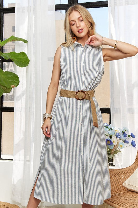 ADORA Striped Button Down Sleeveless Midi Dress