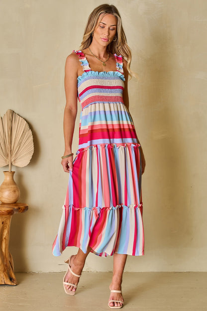 Striped Frill Smocked Tiered Midi Dress