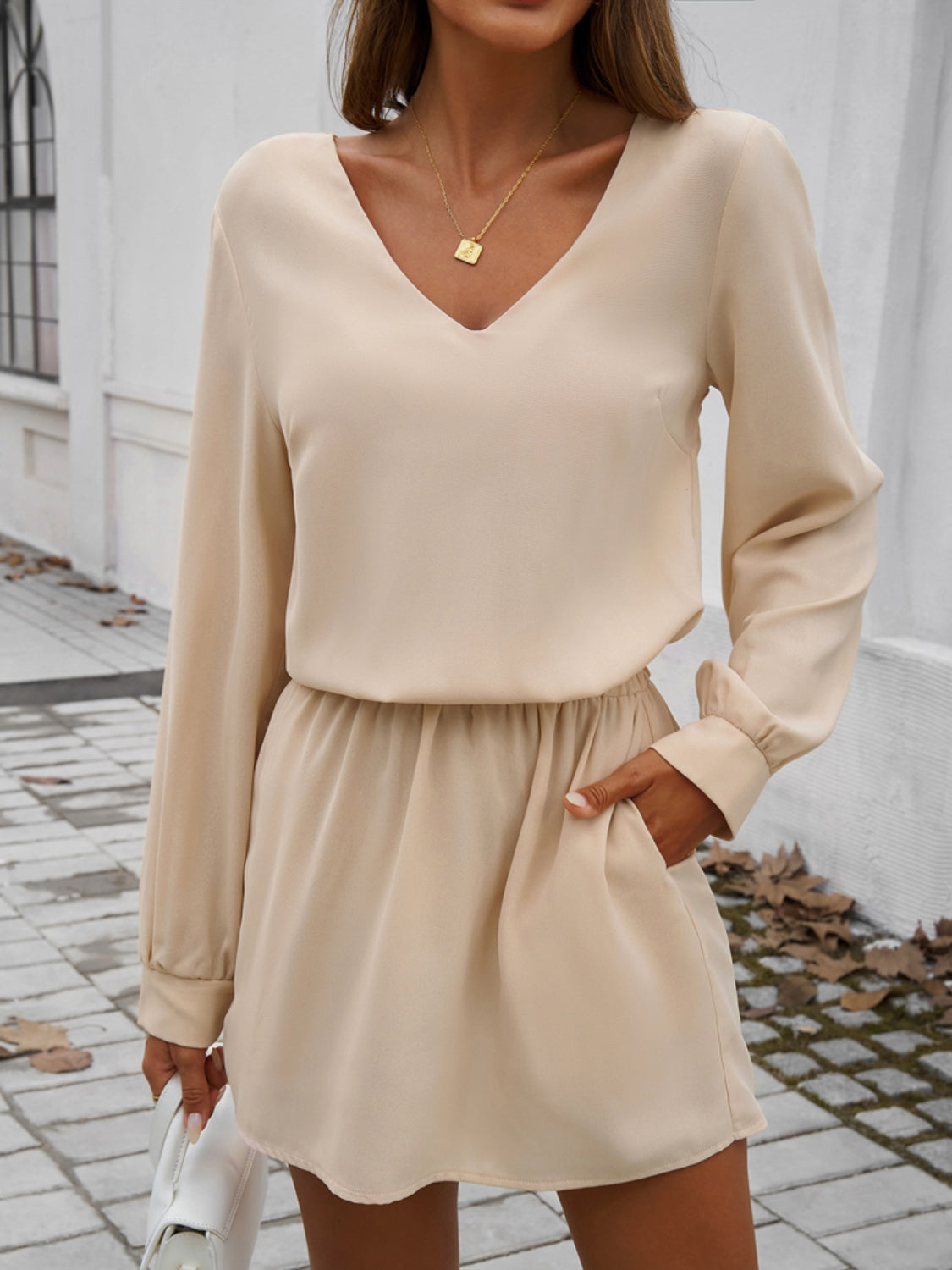 Devine Cutout V-Neck Long Sleeve Mini Dress