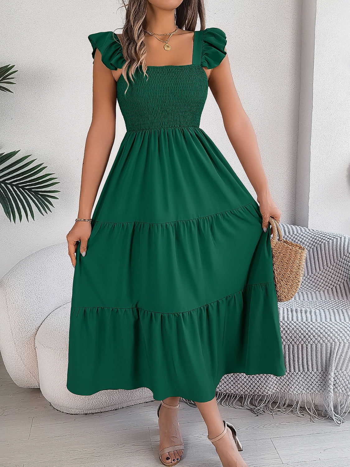 Smocked Square Neck Cap Sleeve Midi Dress