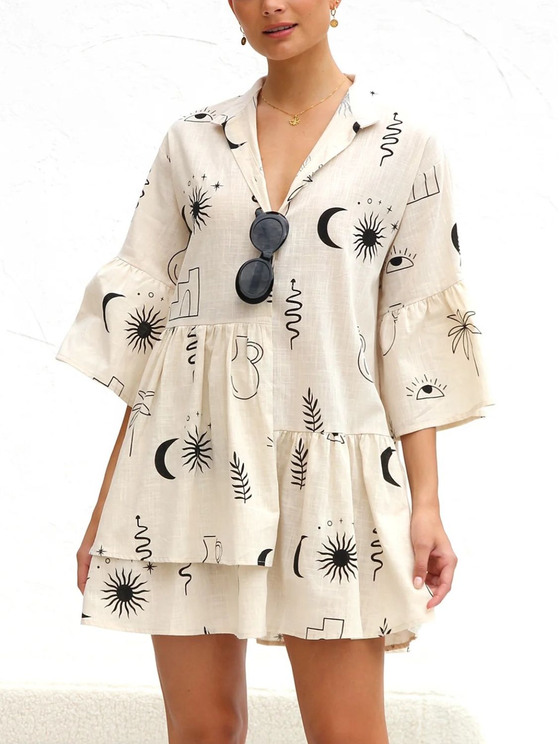 Printed Collared Neck Three-Quarter Sleeve Mini Dress