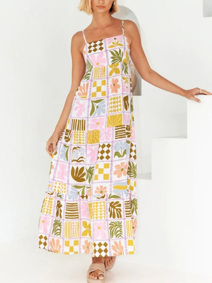 Cutout Printed Square Neck Maxi Cami Dress