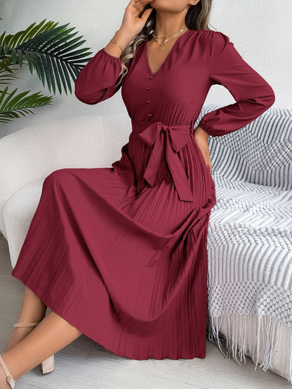 Pleated Tied V-Neck Long Sleeve Dress