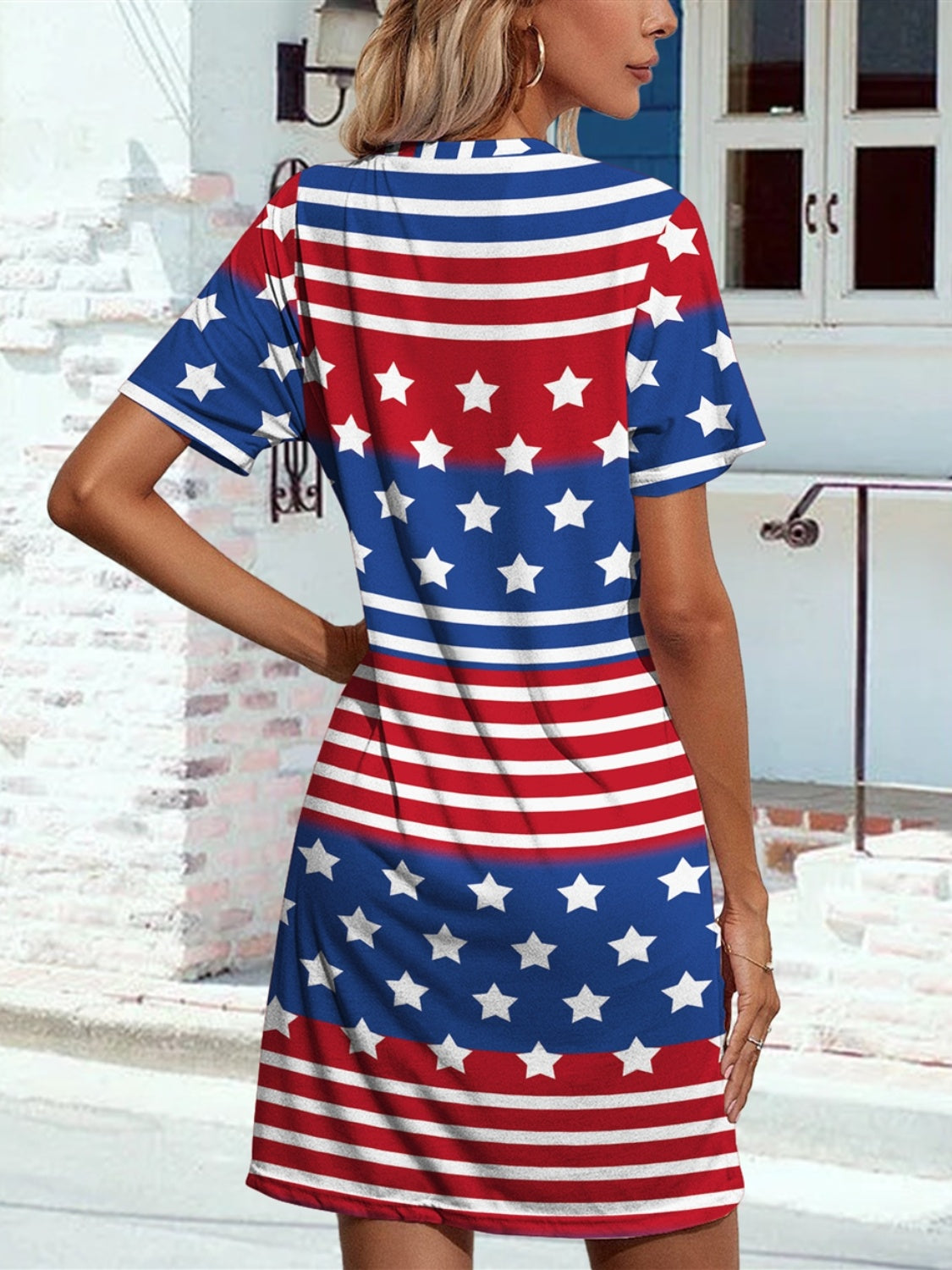 FAM-FAM Pocketd US Flag Printed Short Sleeve Dress