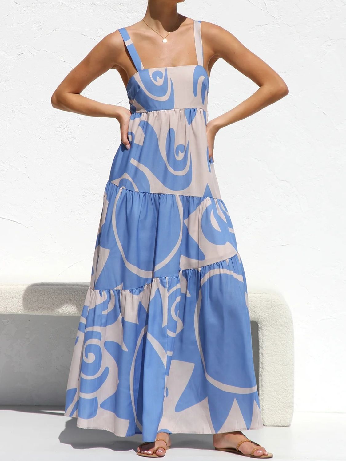 Printed Square Neck Wide Strap Maxi Dress