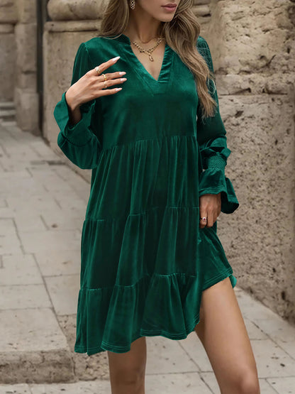 Perfee Notched Long Sleeve Tiered Dress