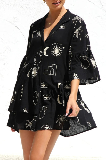 Ruched Printed Three-Quarter Sleeve Mini Dress