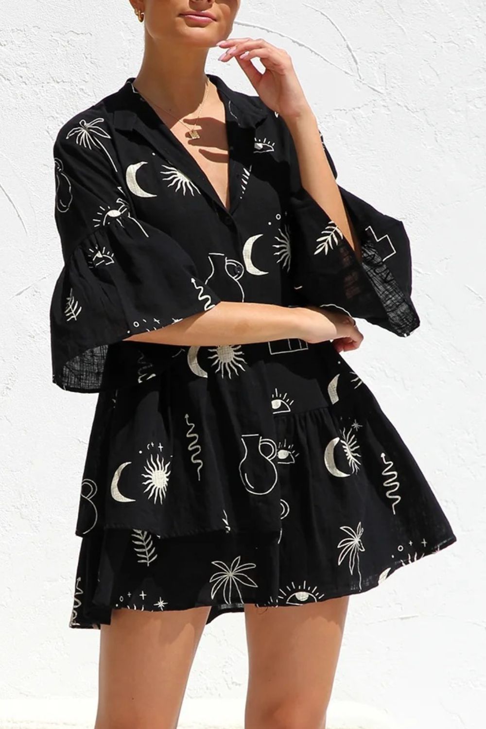 Ruched Printed Three-Quarter Sleeve Mini Dress