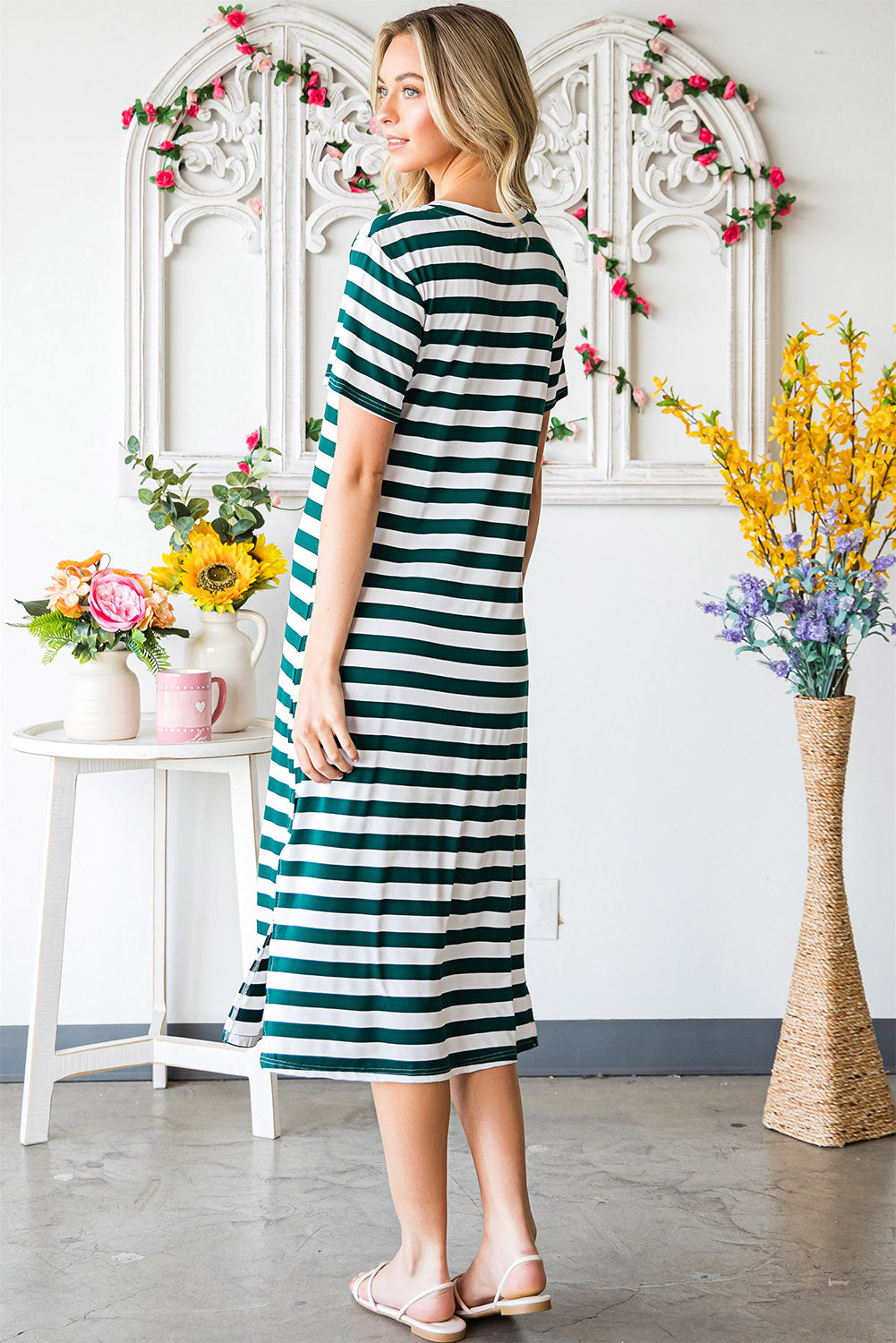 Striped V-Neck Short Sleeve Side Slit Dress