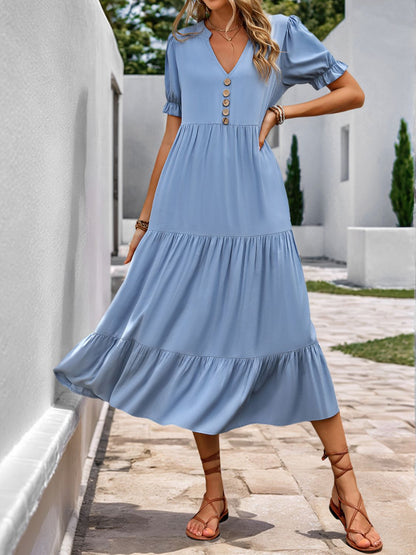 Perfee Decorative Button Notched Short Sleeve Midi Dress