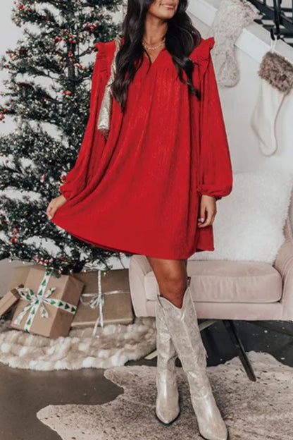 Frill Notched Long Sleeve Dress