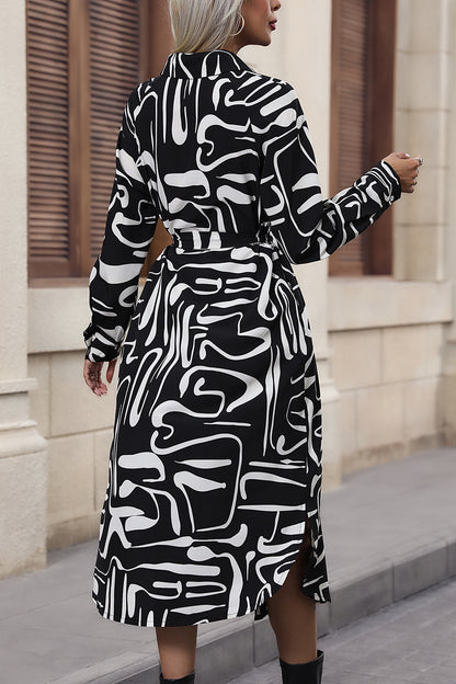 Perfee Printed Tie Front Collared Neck Slit Shirt Dress