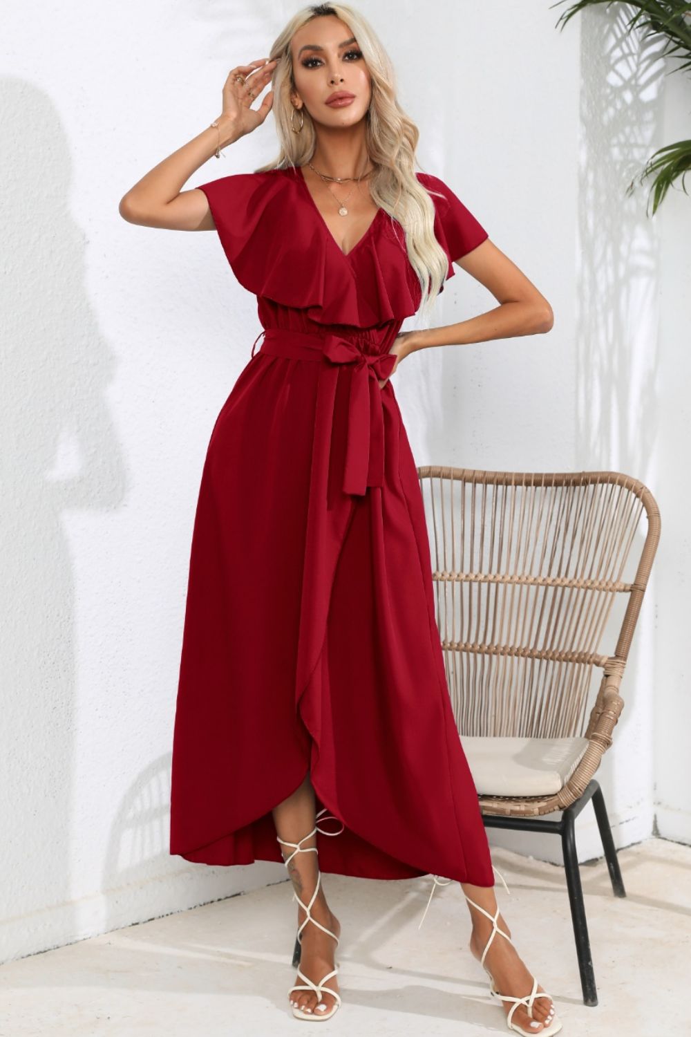 Ruffled Tied V-Neck Midi Dress