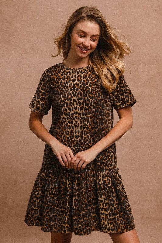 BiBi Tie Back Leopard Round Neck Short Sleeve Dress