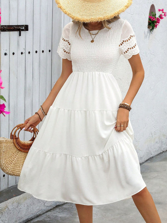 Smocked Round Neck Short Sleeve Dress