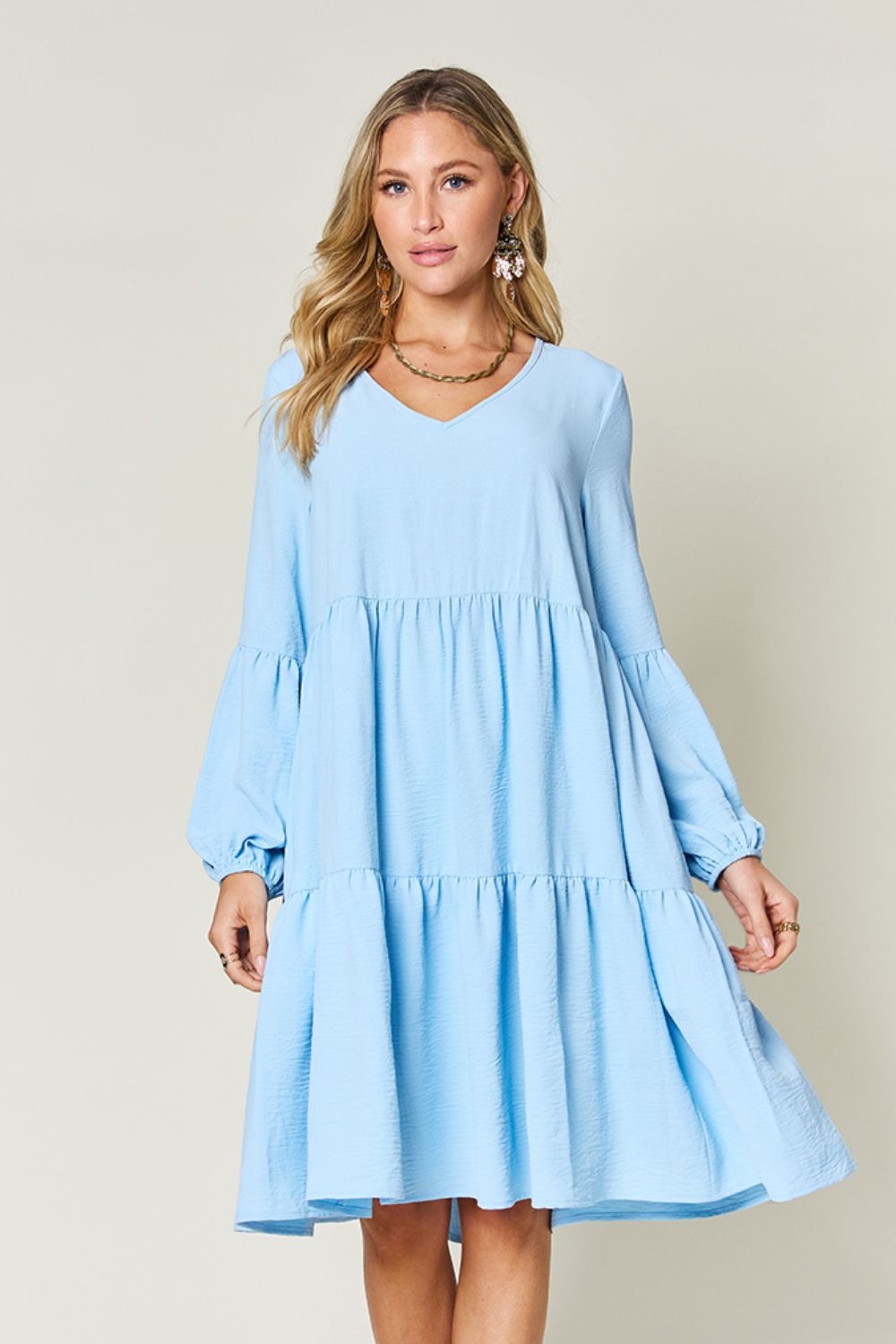 Double Take Full Size V-Neck Balloon Sleeve Tiered Dress with Pockets