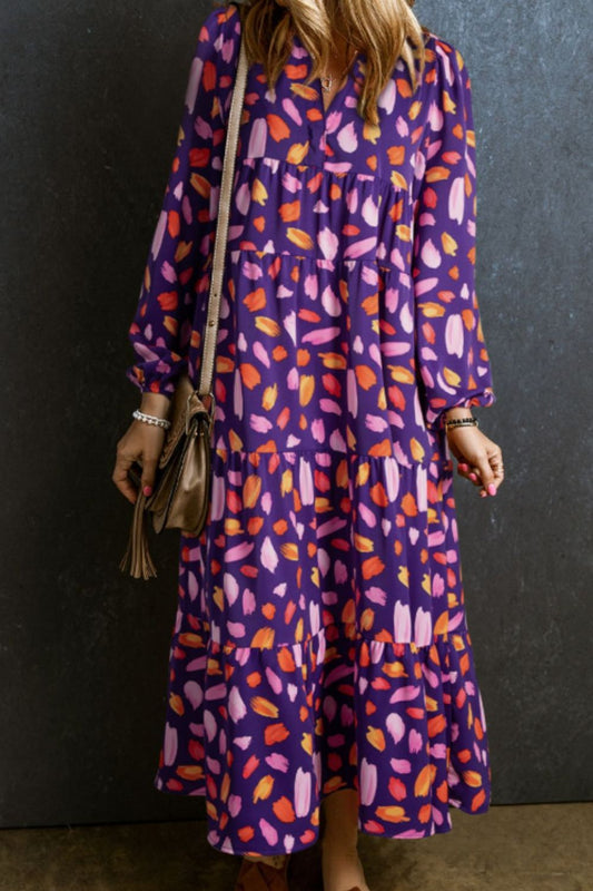 Printed Notched Long Sleeve Dress